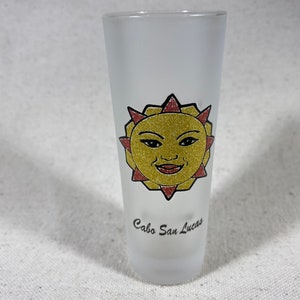 Vintage Cabo San Lucas Shot Glass | Gold Glitter Sun Frosted | Baja California Sur Los Cabos Mexico Latin America Souvenir