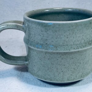 May include: A light green ceramic mug with a speckled glaze and a rounded handle. The mug has a slightly textured surface and a subtle, banded design.