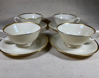 Lenox Mansfield Ivory & Gold Footed Tea Cups w Saucers C513 | Made in USA | Set of 4