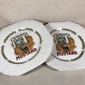 Vintage Pair of Colman&#39;s Mustard Embossed Porcelain Plates Hand-Crafted Lord Nelson Pottery England English Squared