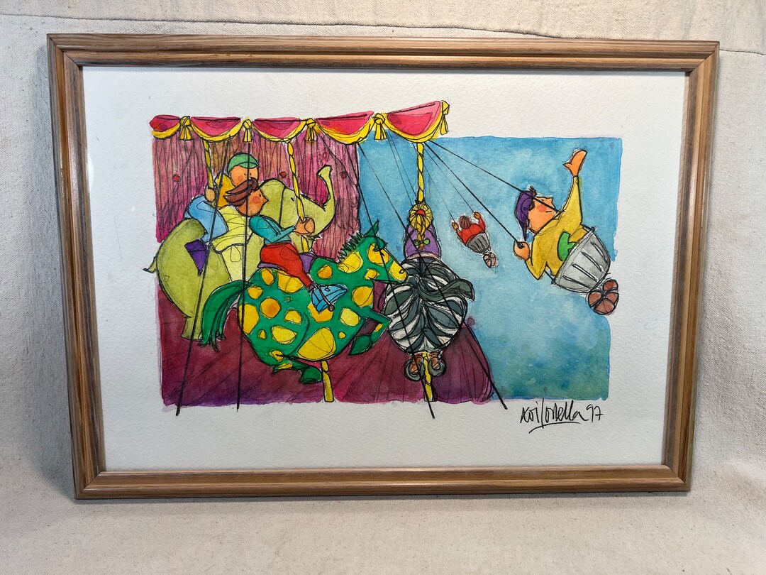 Vintage Original Framed Pen & Ink Watercolor of Carnival Swing Carousel ...