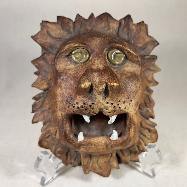 Vintage Studio Pottery Ceramic Lion’s Head Wall-Mounted 3D High-Relief Folk Naïve Art