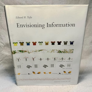 May include: A white hardcover book titled Envisioning Information by Edward R. Tufte. The front cover features a series of small, colorful graphic illustrations, diagrams, and text labels arranged in horizontal rows against a plain white background.