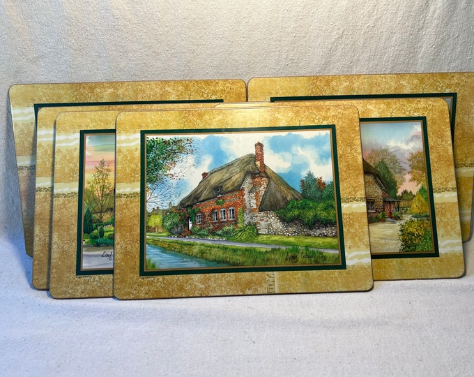 Vintage Pimpernel English Thatchedroof Cottages Acrylic Corkbacked Placemats Set of 6 Made in