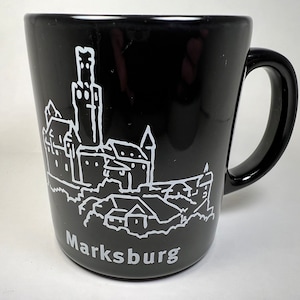 Vintage Marksburg Castle Souvenir Mug Braubach Germany White on Black