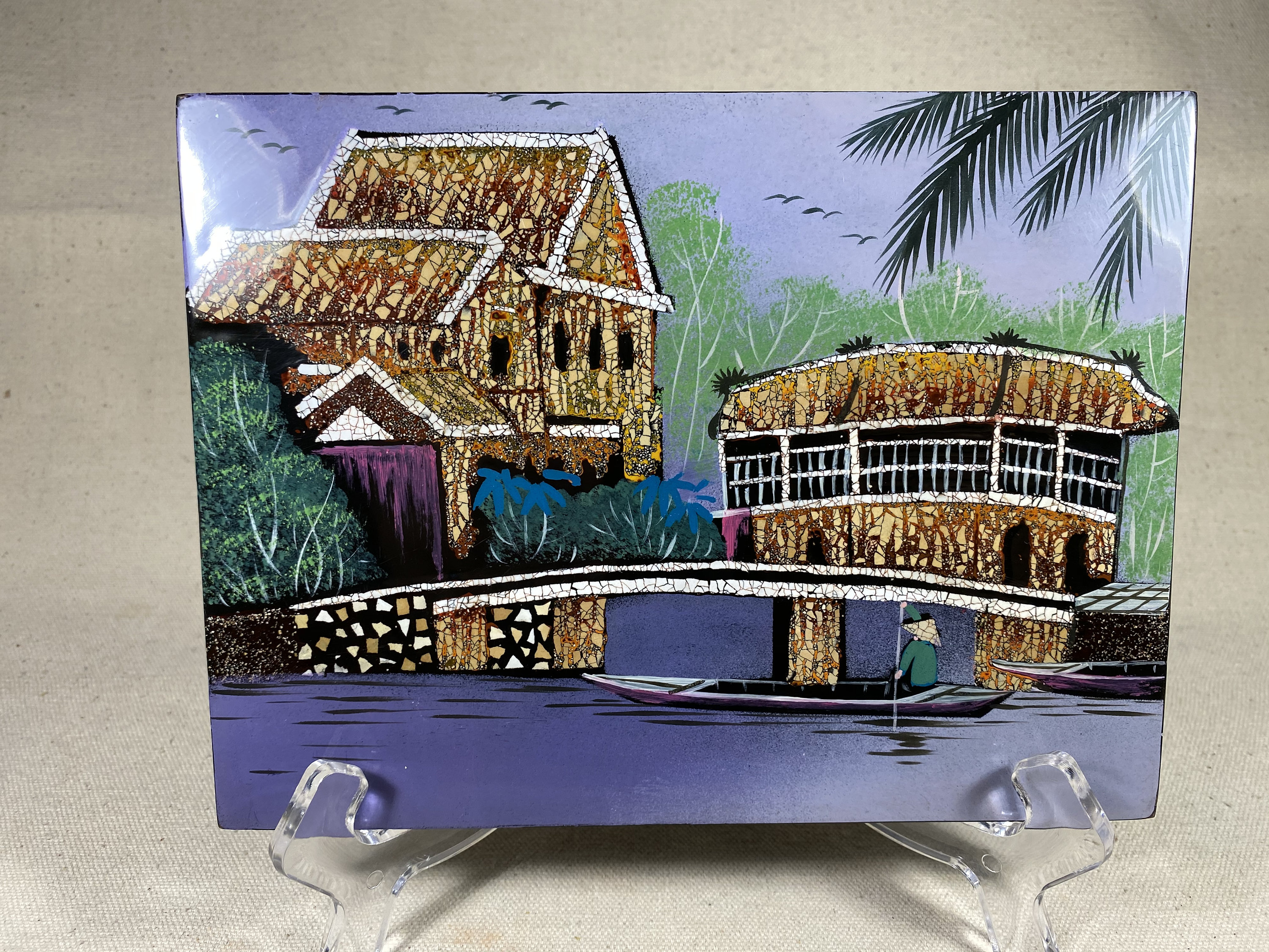 Vintage Vietnam Black Lacquer Mosaic Wall Hanging Colorful River