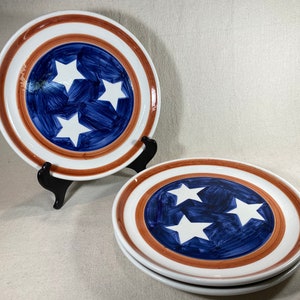 Three (3) Vintage Ethan Allen Earthenware American Flag Plates Hand-Painted Majolica Patriotic Stars Stripes 4th of July 10”| Made in Italy
