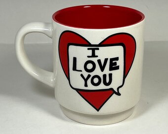 Stackable Coffee Tea Mug &quot;I Know I Love You” Two-Sided Heart Friendship or Romance Saying Red Interior by Our Name is Mug