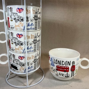 Grace’s Teaware Fine Porcelain London Stacking Coffee Tea Cups Set of 4 with Rack Unused | Britain England UK Souvenir