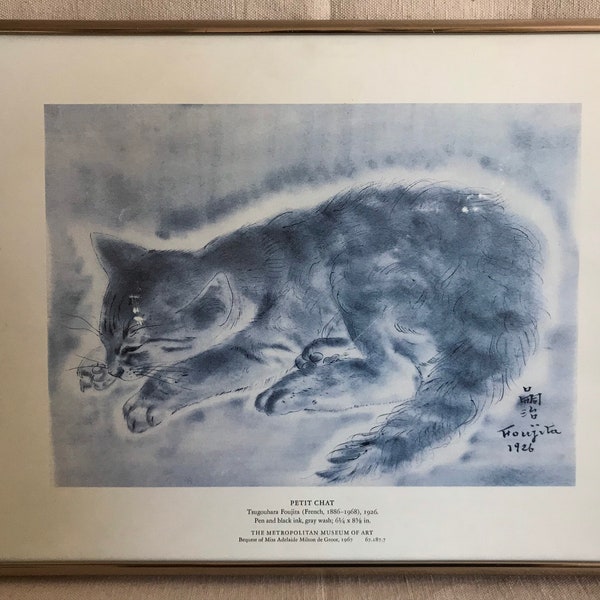 Vintage Framed Art Print "Petit Chat" by Tsugouhara Foujita | French Japanese Cat | Chrome Gallery Frame | MOMA