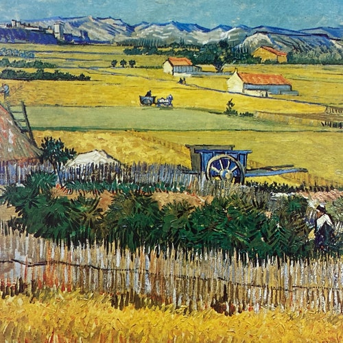 Vintage Vincent Van Gogh Framed Art Print Harvest La Crau with Montmajour shops Arles Provence France Post-Impressionist Natural Grain Wood Frame