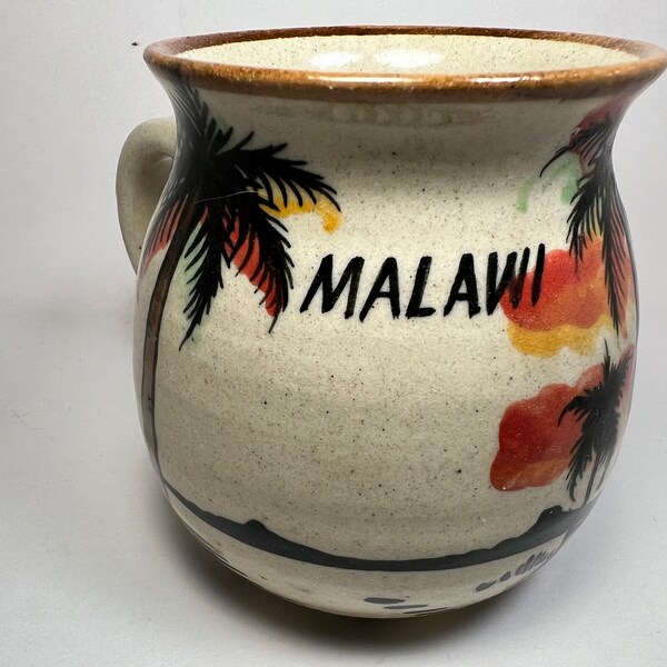 Vintage Hand-Decorated Malawi Souvenir Stoneware Mug Sunset Palm Trees Beach East Africa