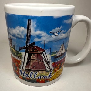 Vintage Holland Windmills Souvenir Coffee Mug | Netherlands Cup Dutch Children with Tulips