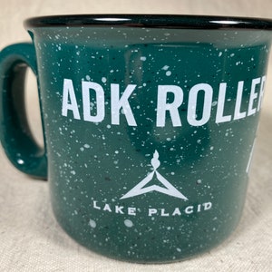ADK Rollerski Mini Tour NYSEF Lake Placid Coffee Mug Heavy, Green Speckled Enamel Look