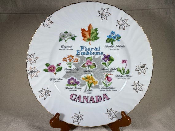 Vintage Floral Emblems of Canada Souvenir Plate Maple Leaf Flowers