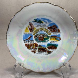 Vintage New Mexico “Land of Enchantment” Lusterware Plate State Landmarks Santa Fe Pueblo White Sands Taos Navajo Carlsbad Caverns 5 3/4”