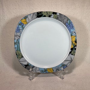 Vintage Mitterteich Bavaria Vorm 2330 &quot;Topsi&quot; Porselein Saladebord Afgerond Vierkant Tropische Bladeren Blauw Zwart Geel Midden van de Eeuw Duitsland