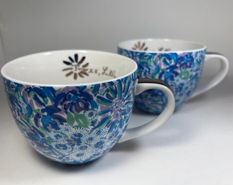 Paar Lilie Pulitzer Blumen Kaffee Tee Tassen Blau Lila Grün Gold Akzente Anthropologie