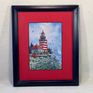 Vintage Framed Crewel Needlework Lighthouse with Sailboats Scene | Nautical Ocean Sea Shore | 9x11 Blue Wood Frame Red Matting