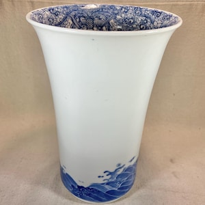 Vintage Chinese Porcelain Flared Cylinder Vase | Blue & White Chintz Floral Interior Band with Waves at Base | Chinoiserie | 9.5” Tall