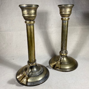 Pair of Heavy Vintage Brass Candle Holders Candlesticks w Tassels and Patina 10”