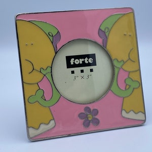 Vintage Cartoon Elephants 3x3 Enamel Standing Picture Frame by Forte Pink Yellow Flower Round Opening