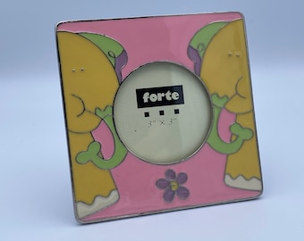 Vintage dibujos animados elefantes 3x3 esmalte marco de imagen de pie por Forte rosa amarillo flor apertura redonda
