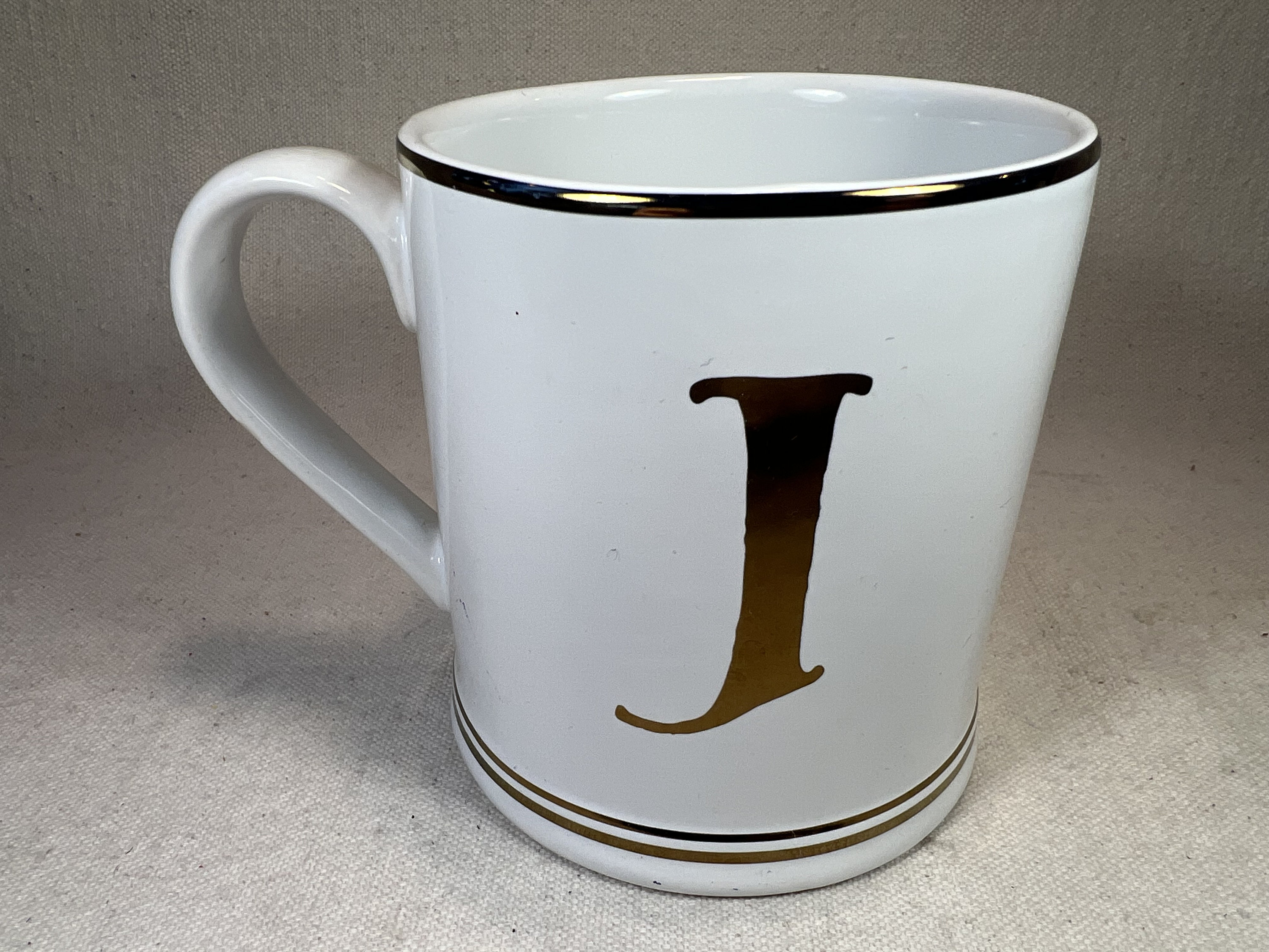Sur la Table Gold Letter “J” Monogram Initial Ceramic Coffee Tea Mug Gold Stripes