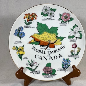 Vintage Floral Emblems of Canada Souvenir Plate Maple Leaf Flowers of Provinces Gold Edge Royal Winton England 8”