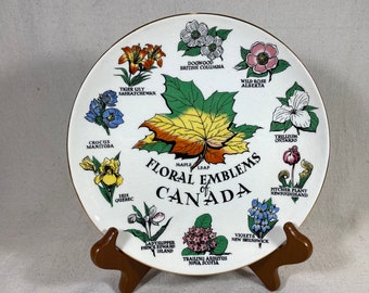 Vintage Floral Emblems of Canada Souvenir Plate Maple Leaf Flowers of Provinces Gold Edge Royal Winton England 8”