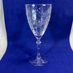 Op de afbeelding: Een helder glazen wijnglas met een delicaat geëtst bloemenpatroon. Het glas heeft een lange steel en een ronde kom.