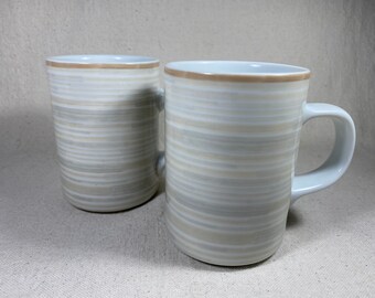 Vintage Pair of Dansk Centra Beige White Stripes Bistro Mugs Portugal Mid-Century Porcelain