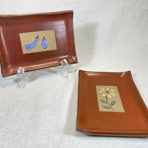 Vintage Pair of Handmade Rectangular Terracotta Tapas Plates Eggplant and Flower Designs Tuscan Kitchen Rustic Trinket Dishes Curled Edges