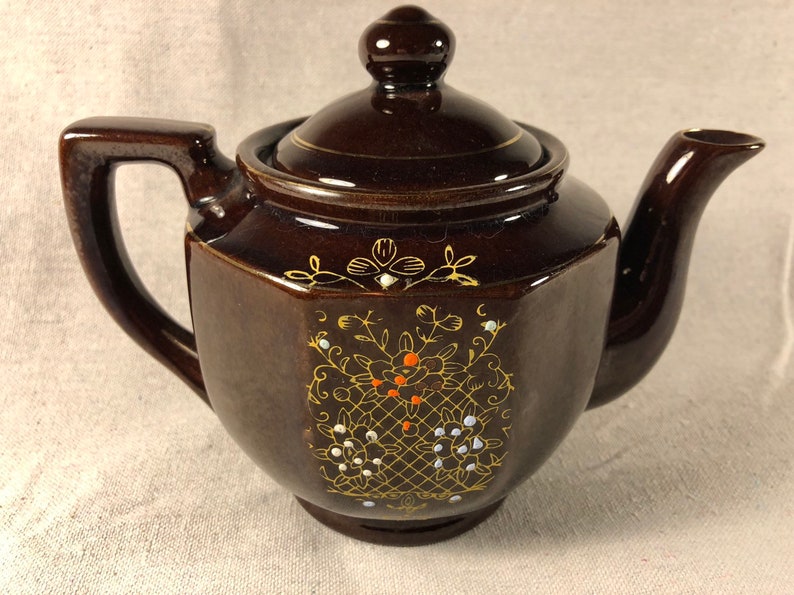 Vintage Brown Betty Moriage Teapot Redware Japan Etsy
