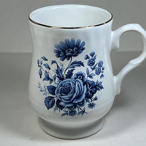 Vintage Maryleigh Pottery Blue Rose Porcelain Mug with Gold Rim | Made in Staffordshire, England