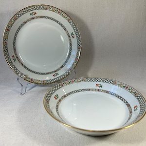 Pair of Antique Gerard, Dufraisseix & Abbot (GDA) Soup Bowls Cherry Pattern w Flowers and Green Crosshatch Limoges France 7 1/2” Diameter
