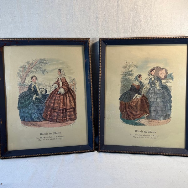 Vintage Pair of Framed French “Miroir des Modes” Lithographs Anais Coudoure Paris Women’s Fashion Blue Gold Beaded Shabby Chic Wood Frames