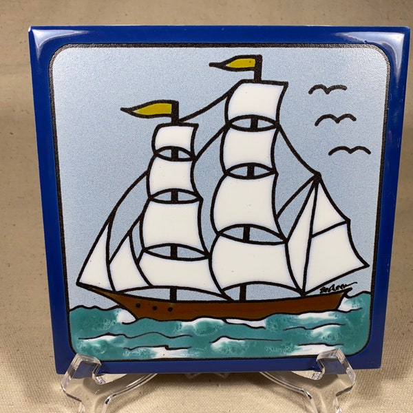 Besheer Hand-Painted Studio Ceramic Art Tile Trivet Tall Ship Brig Schooner Sailing Boat Bedford New Hampshire