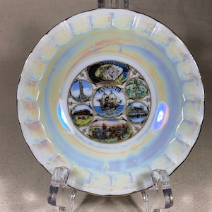 Vintage Plymouth Mass Lusterware Souvenir Plate Ring Dish Ashtray Pilgrims Thanksgiving | 1950s