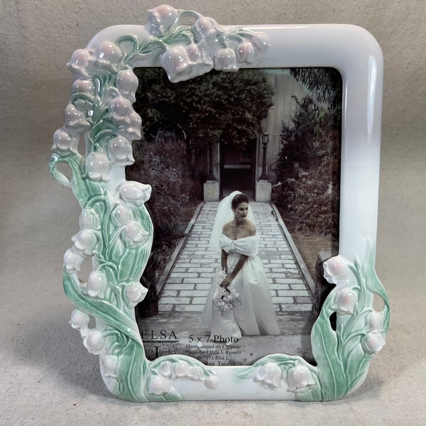 Vintage Hand-Painted Ceramic 5x7 Tabletop Picture Frame White Lilies of The Valley with Green Leaves 3D Embossed by Elsa 1993