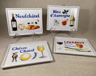 Juego de 4 BIA Cordon Bleu Porcelana rectangular Platos de queso francés NIB Neufchâtel Livarot Chèvre Chaud Auvergne