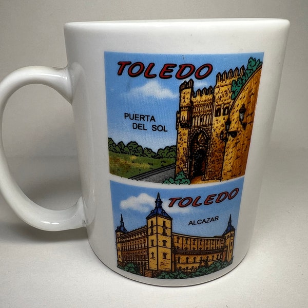 Vintage Toledo Spain Coffee Mug | Landmarks - Puerta del Sol, Alcazar, San Martin, Catedral, City Crest, Puerta Bisagra