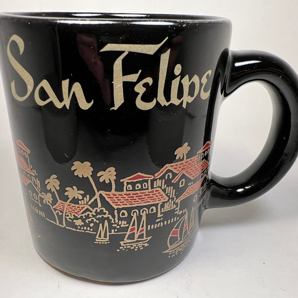 Vintage San Felipe Mexico Stoneware Coffee Mug Baja California Sea of Cortez Gold Red Black