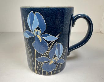 Vintage 1980s Otagiri Irises Mug 23K Gold Accents on Blue Speckled Stoneware Flowers Japan