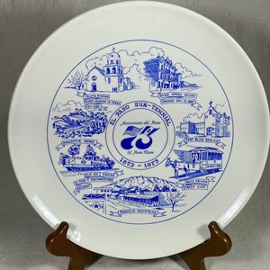 Vintage El Paso Texas Centennial Souvenir Plate 1973 Ysleta Mission Myar Opera House Fort Bliss Magoffin Home 1873 Southwestern Railway