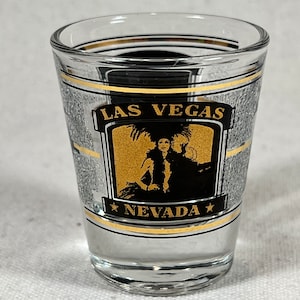 vintage Las Vegas Nevada Souvenir Shot Glass Cartes à jouer Casino Showgirls Gold & Black Libbey USA