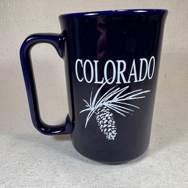 Vintage Colorado Souvenir Coffee Mug Cobalt Blue and White Pine Cone Two-Sided Rocky Mountains