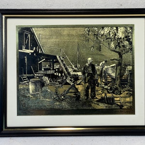 Vintage Lionel Barrymore Gerahmte Goldfolie Ätzung von Point Mugu, Ventura County | Segelboot Bootshaus California Coast