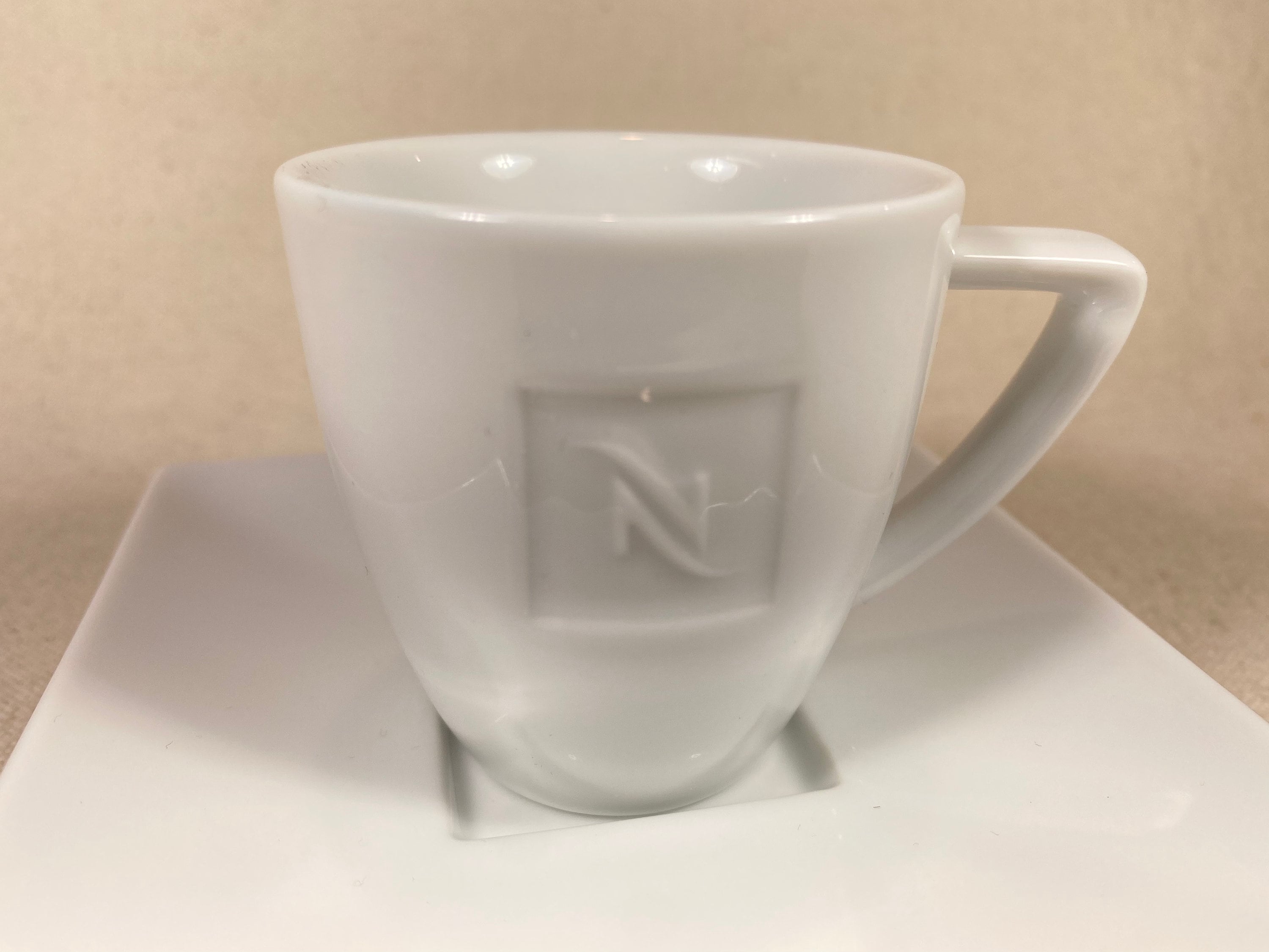 Vintage Nescafé White Embossed Porcelain Demitasse Espresso Cup & Square Saucer Made in Portugal