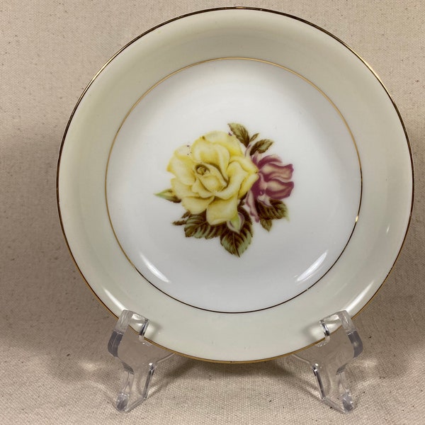 Vintage Narumi China Yellow Rose Bone China Berry Bowl Ring Dish Trinket Catch All Gold Striping Japan